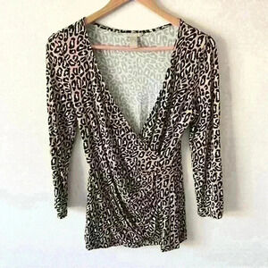 Banana Republic XS Womens Animal Print Wrap Front Stretch Shirt Top 3/4 Sleeve